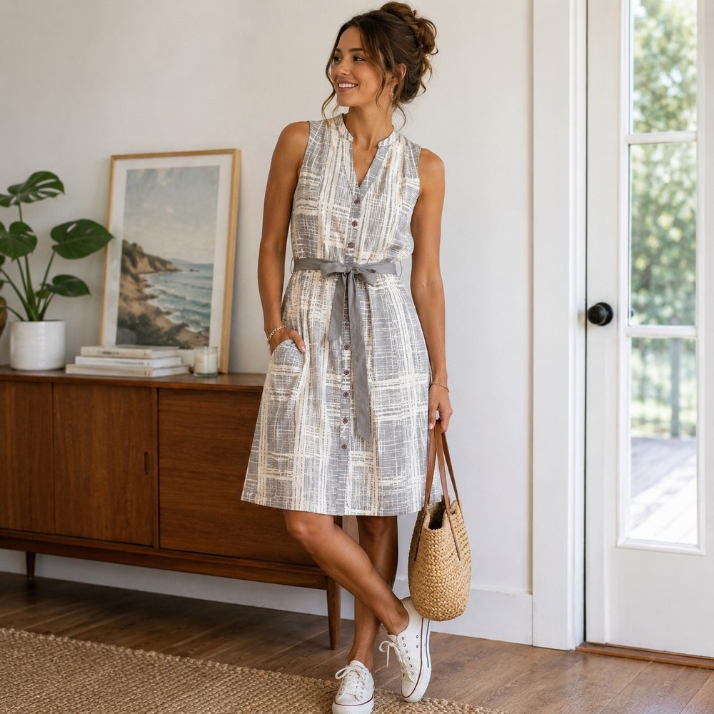 Maeve Anthropologie Dress 2 Grey Ivory Fit Flare Shirt Dress Cotton Pockets